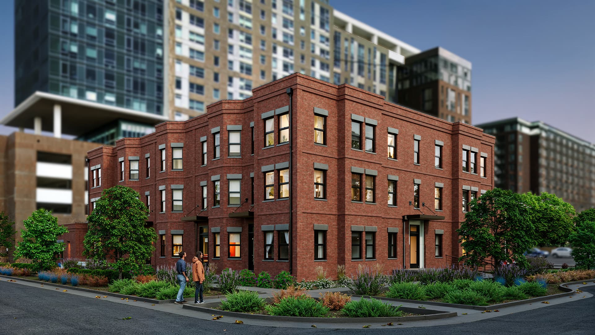 Glenarm Residences building corner, downtown skyline behind